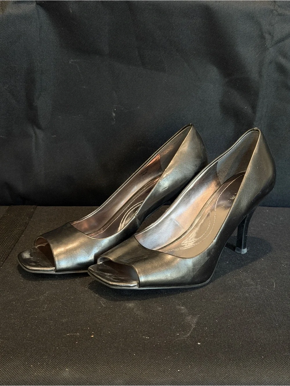 Tahari Black Leather Peep-Toe Heels